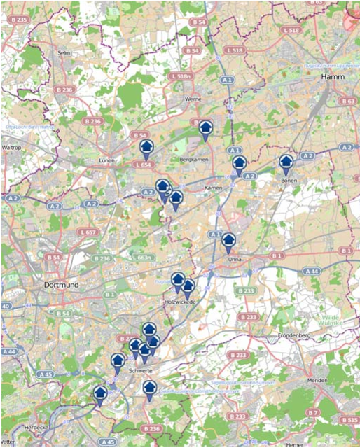 Der "Einbruchsradar" gibt einen Überblick über Einbrüche, die sich innerhalb einer Woche im Zuständigkeitsbereich der Kreispolizeibehörde zugetragen haben. Grafik: Polizei NRW Kreis Unna