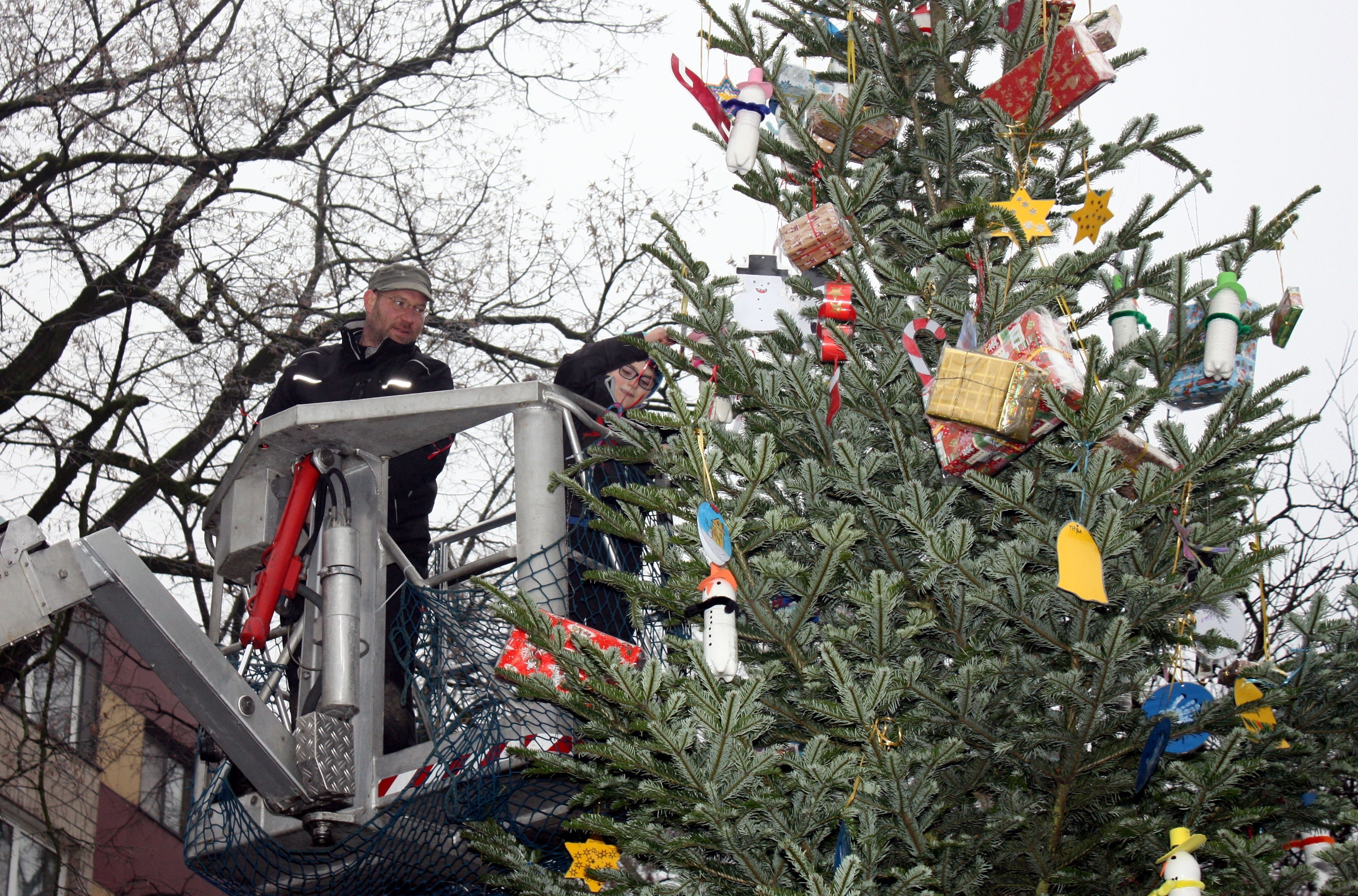 In luftiger Höhe haben die Neumühler Kinder ihre Basteleien selbst am großen Weihnachtsbaum auf dem Marktplatz angebracht. Hier bringt Lemmy seinen Baumschmuck an, gesichert und assistiert von Vorstandsmitglied Christian Preuten.
Foto: Jürgen Hovorka