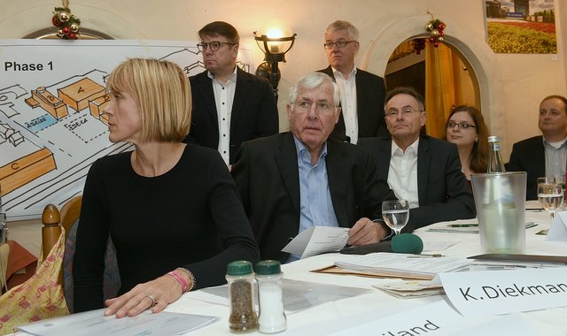 Restaurant Große-Segerath, Lohstr. 83Bürgerversammlung zwecks Vorstellung der Baupläne von Deichmann und Edeka (Aktienstr.)V.l.: Elke Kaup (Edeka Standortentwicklung), Veit Weiland (Geschäftsführender Direktor der Fa. Deichmann), Klaus Diekmann (Ratsherr und Ortsvors. der CDU Schönebeck), ??  ??,  Andreas Müller (Stadtplanung und Stadtentwicklung der Stadt Essen), Jessica Fuchs (BV Borbeck für Bedingrade), Marc Wittings (BV Borbeck für Schönebeck).