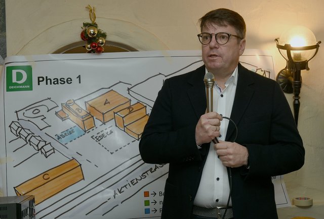 Restaurant Große-Segerath, Lohstr. 83Bürgerversammlung zwecks Vorstellung der Baupläne von Deichmann und Edeka (Aktienstr.)Veit Weiland (Geschäftsführender Direktor der Fa. Deichmann)