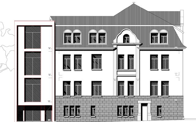 Diese seitliche Ansicht (rechts verläuft die Hauptstraße) verdeutlicht den geplanten Anbau mit dem Fahrstuhl.