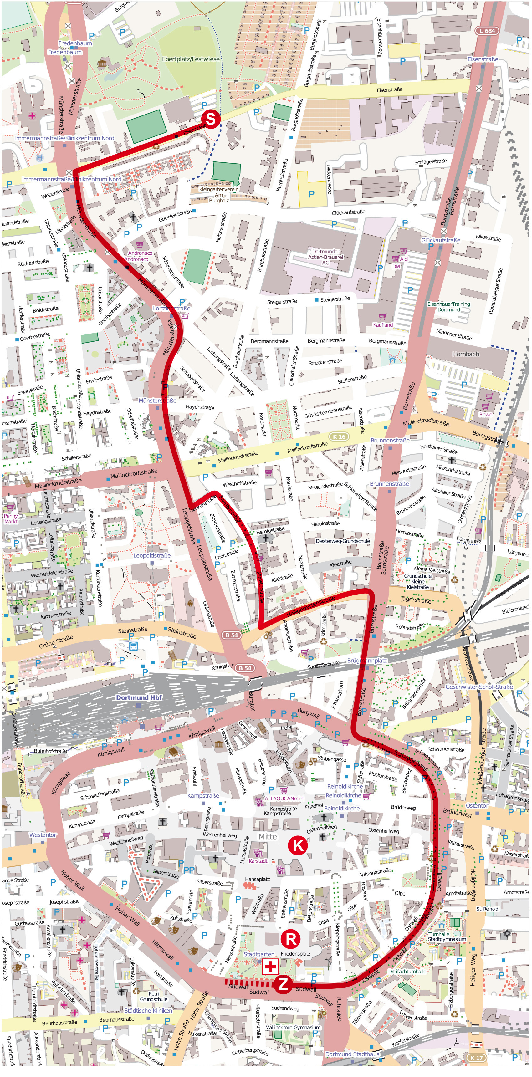 Oben links in der Karte liegt der festplatz Eberstraße, wo der Rosenmontagszug um 14 Uhr in der Nordstadt Richtung City startet. Von der Bornstraße aus fahren die Wagen auf den Schwanenwall und über den Ostwall zum Ziel Südwall ganz unten im Plan.