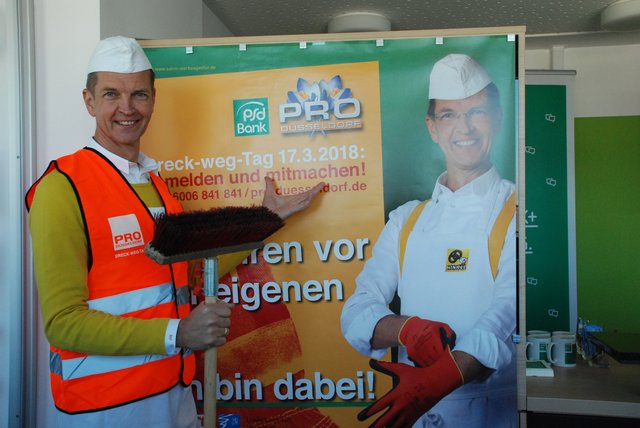 Josef Hinkel ist eins der bekannten Gesichter, mit denen Pro Düsseldorf in diesem Jahr auf den Dreck-weg-Tag aufmerksam macht. Foto: Görtz