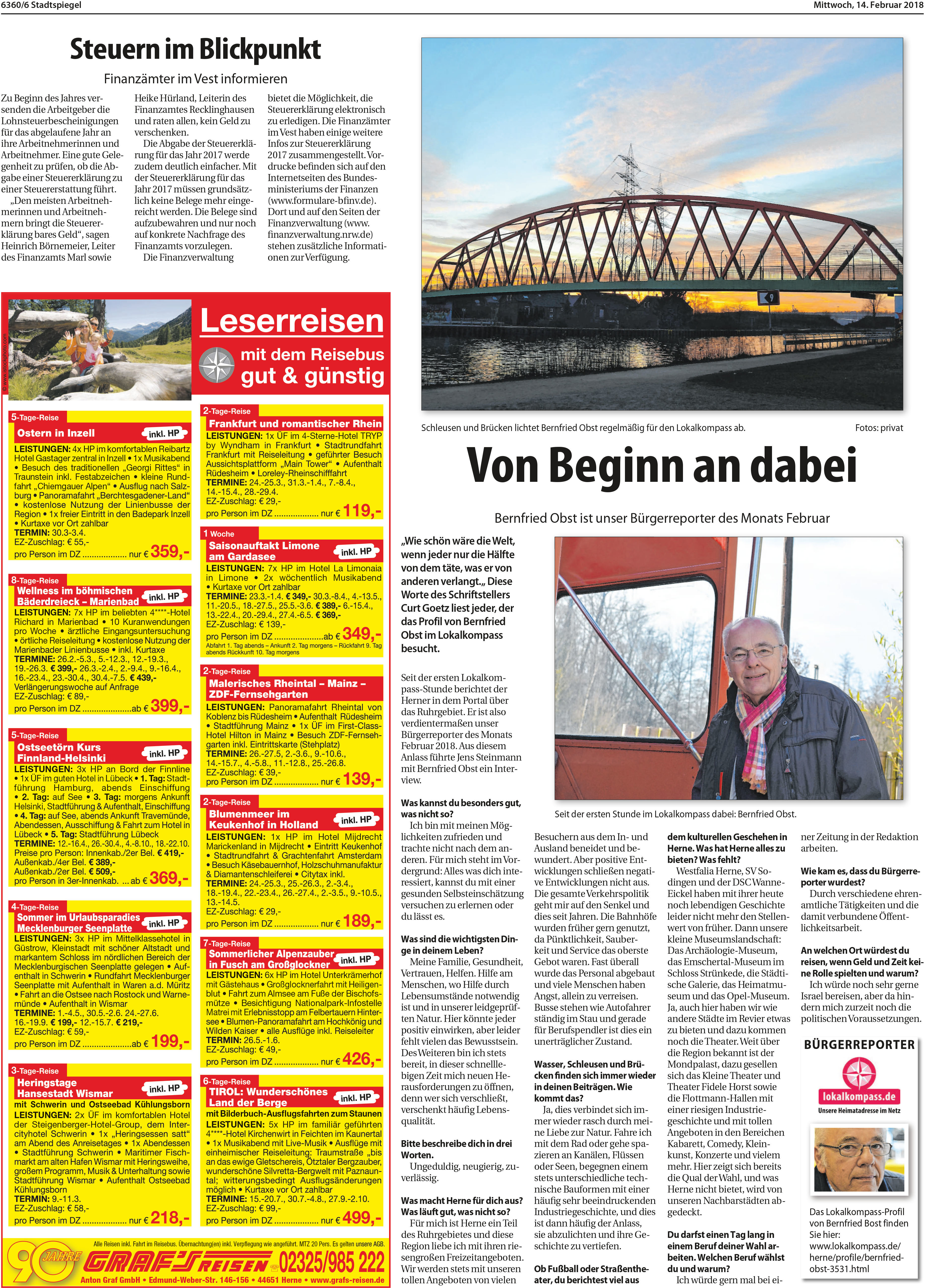 In seiner Heimatstadt Herne erhielt Bernfried Obst, BürgerReporter des Monats Februar, besonders viel Raum. Foto: Wochenblatt