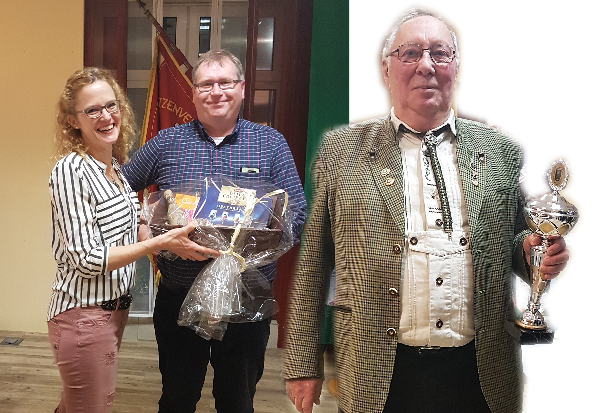 Königin Silke Leister überreicht Jochen Wente den Batallionspreis. Wener Bovenkerk (rechts) mit dem „Ü 60-Pokal.