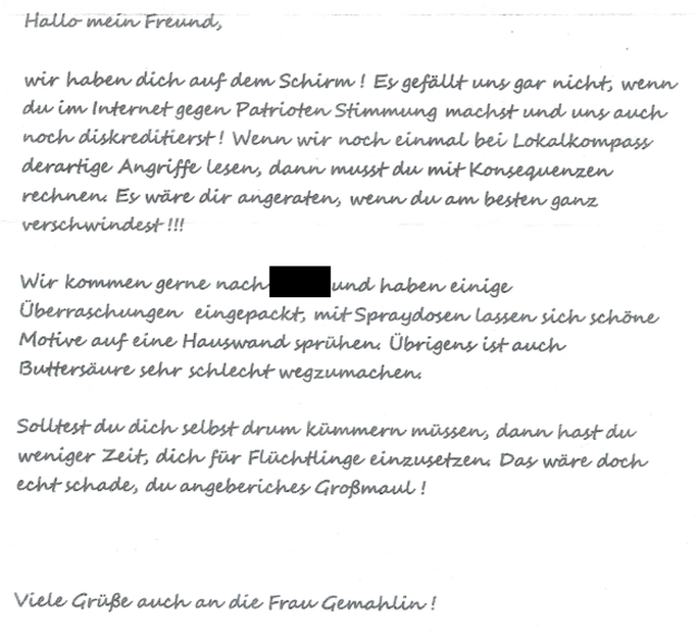 Diesen Drohbrief erhielt ein BürgerReporter aus dem Rheinland per Post. Seine Antwort: "Jetzt erst recht!"