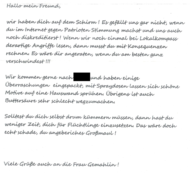 Diesen Drohbrief erhielt ein BürgerReporter aus dem Rheinland per Post. Seine Antwort: "Jetzt erst recht!"
