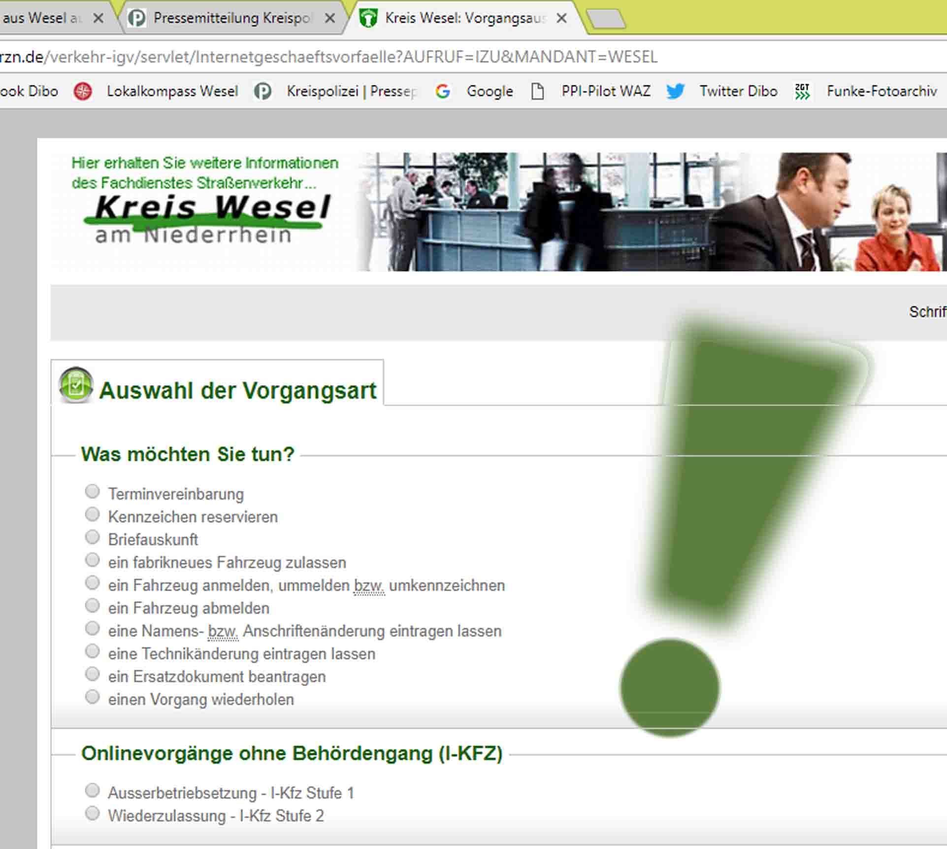 Auf diesem (veränderten!) Screenshot von der Homepage des Kreises Wesel sehen Sie die Seite der Zulassungsstelle.