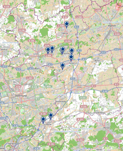 Der "Einbruchsradar" gibt einen Überblick über Einbrüche, die sich innerhalb einer Woche im Zuständigkeitsbereich der Kreispolizeibehörde zugetragen haben. Grafik: Polizei NRW Kreis Unna