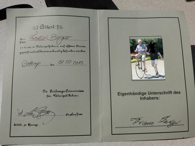 mein Führerschein für ein Hochrad
