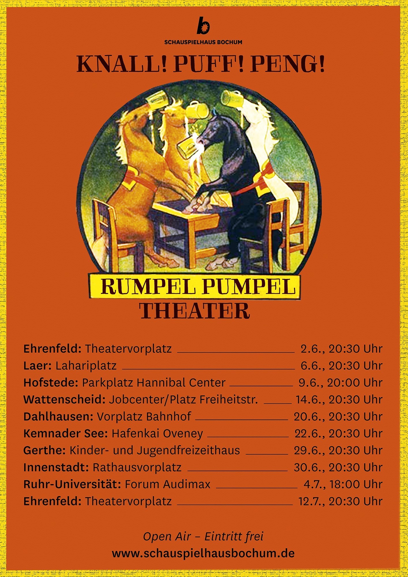 Mit diesem Plakat kündigt das Rumpel Pumpel Theater seine Auftritte im Stadtgebiet an.