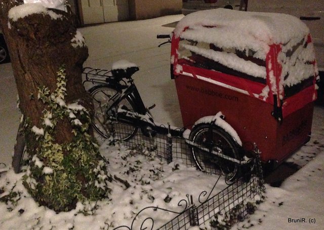Familienfahrrad im Schnee - Warten auf den nächsten Einsatz!