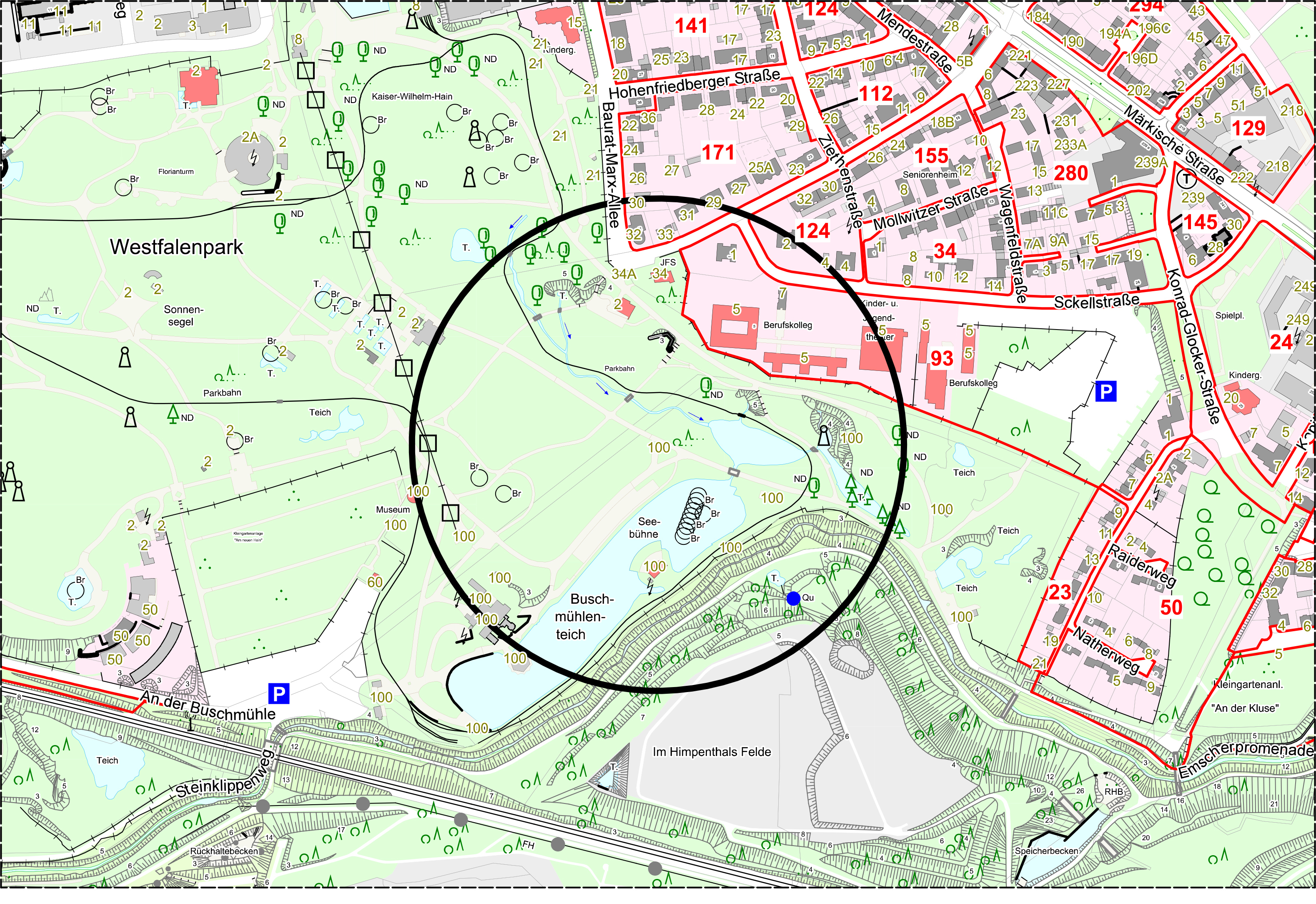 Im 250-Meter-Radius um die Fundstelle am Westfalenpark muss für die Entschärfung der Bombe evakuiert werden.