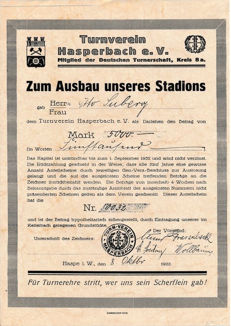 Die Darlehn-Urkunde vom 8. Oktober 1922 zum Ausbau des Stadions. | Foto: TV Hasperbach