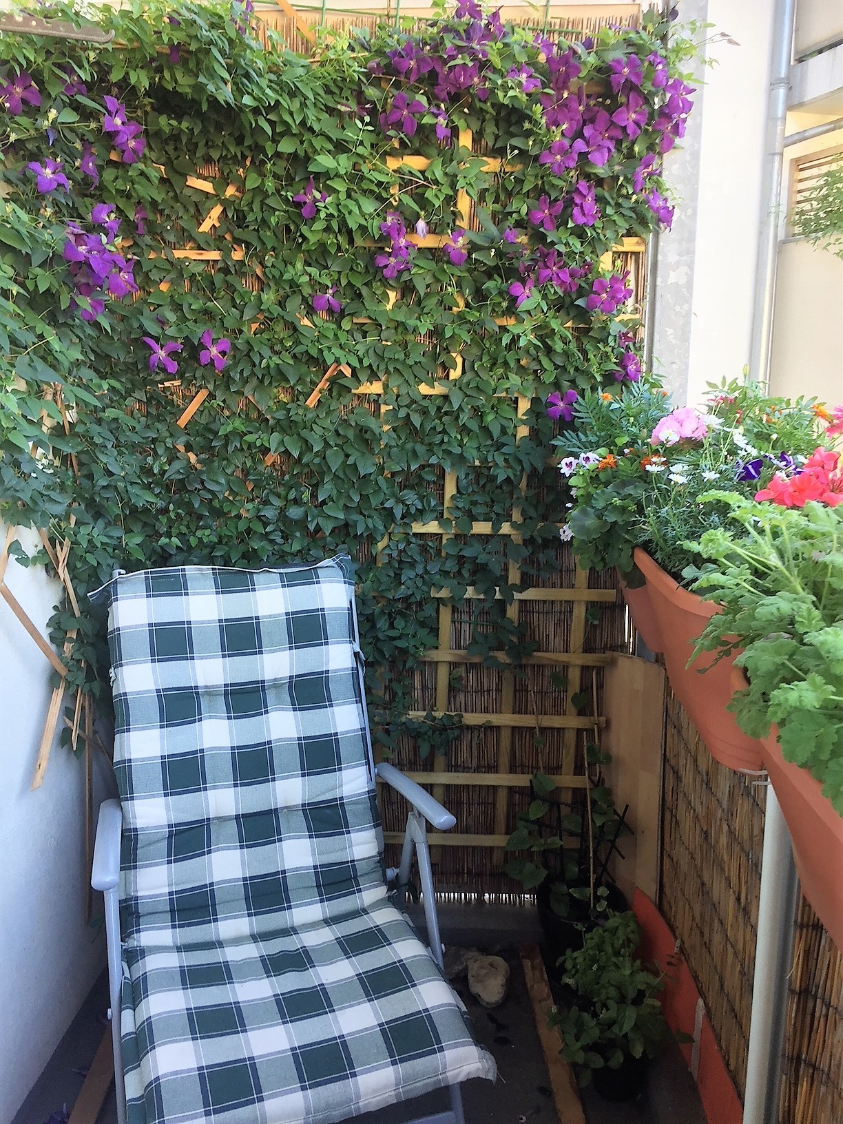 Mein Lieblingsplatz auf meinem Wohlfühlort, dem kleinen Balkon. Hier sitze ich gerne mit einem Buch. Der Frenseher bleibt aus.