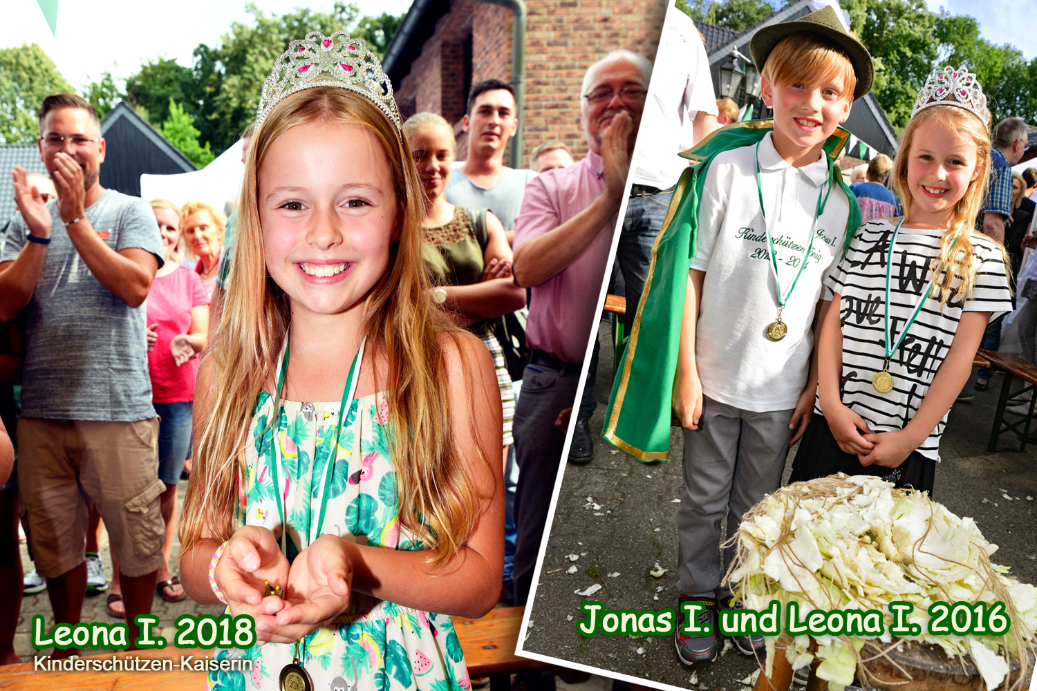 Leona I. (Lindemann, li.) hat beim diesjährigen Kinderschützenfest die Krone mit dem 259. Schlag auf den Boden geholt und darf sich nach dem zweiten Mal (zuletzt 2016) jetzt Kinderschützen-Kaiserin nennen. Im Falle einer erneuten Regentschaft hatte sie sich schon mit ihrem bisherigen König Jonas I. (Durchholz), der sich zur Zeit in Urlaub befindet, abgesprochen, dass er an der Seite von Leona die kommenden 2 Jahre erneut regiert. Foto/Collage: Kariger