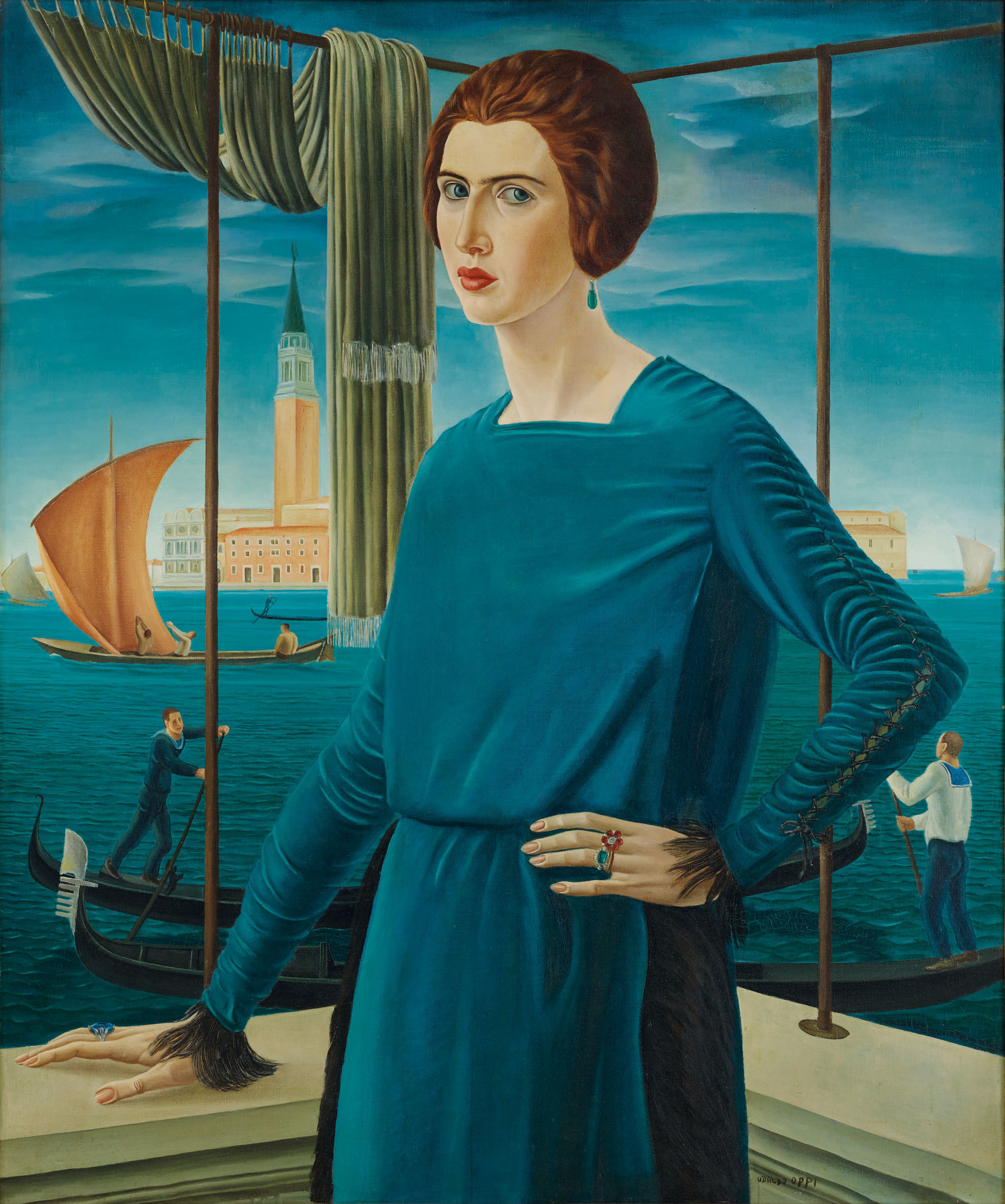 Ubaldo Oppi „Die Frau des Künstlers vor venezianischer Kulisse“, 1921.