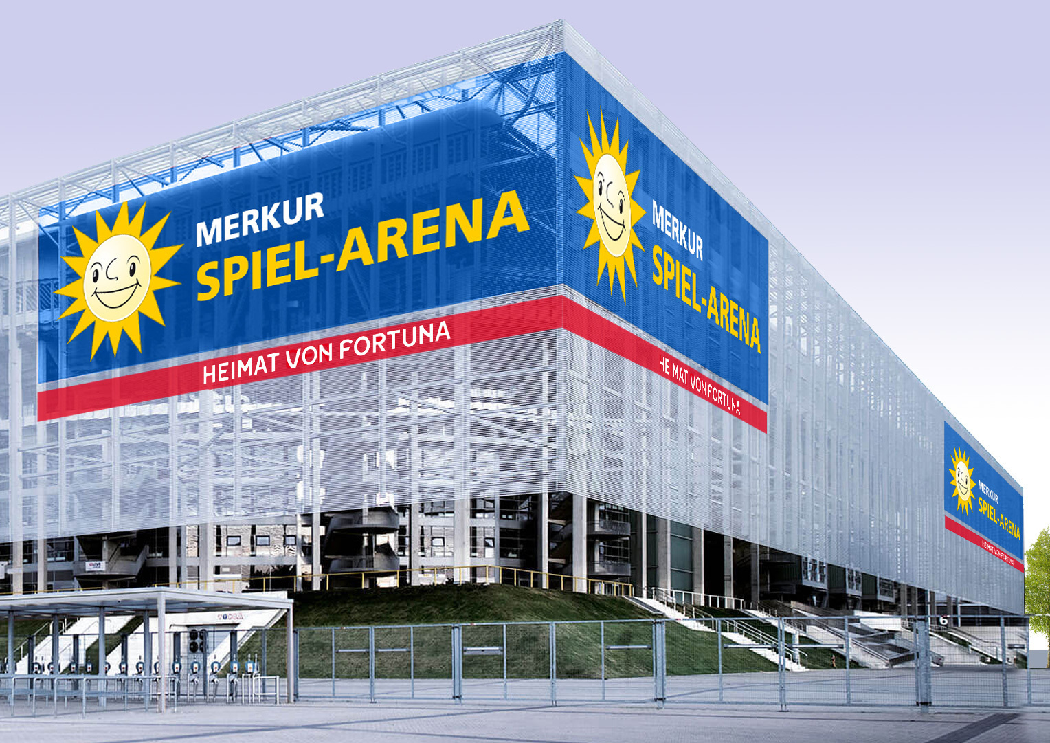 Sollte Fortuna den zusätzlichen Brandings zustimmen, wird die MERKUR SPIEL-ARENA in naher Zukunft so aussehen. Foto: Animation der Gauselmann Gruppe