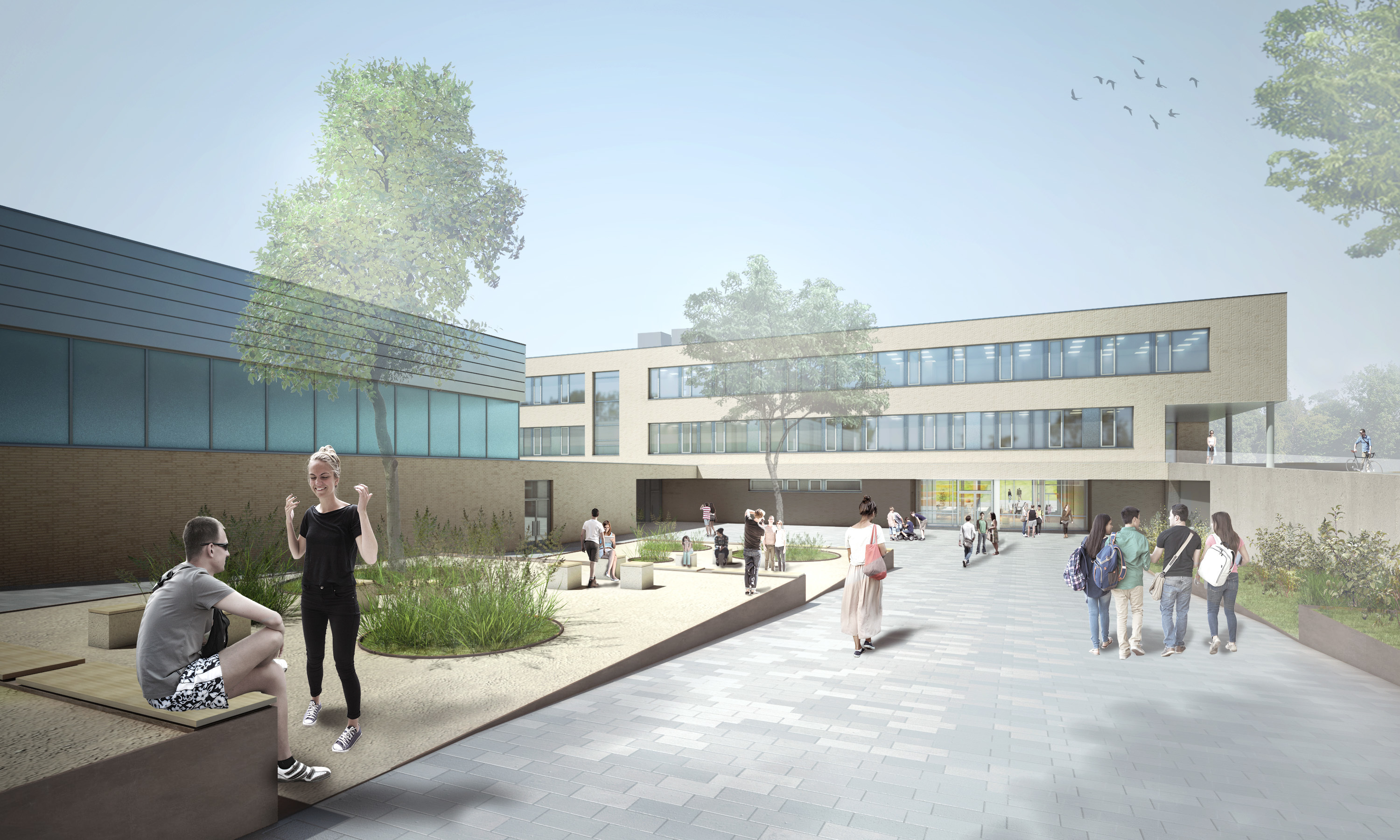 Animation Haupteingang der neuen Realschule Golzheim