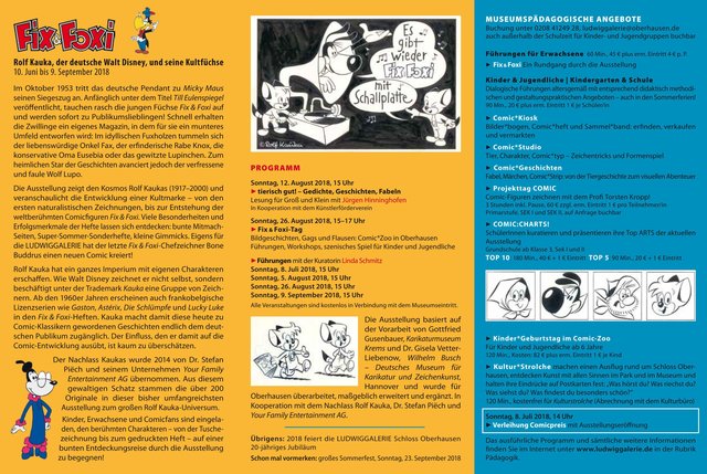 Flyer zur Ausstellung "FIX & FOXI - Rolf Kauka, der deutsche Walt Disney, und seine Kultfüchse" in der Ludwiggalerie Schloss Oberhausen