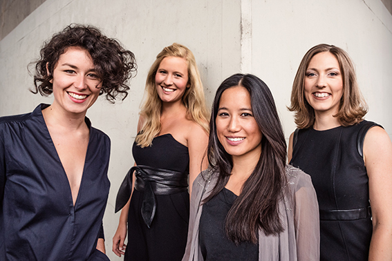 Sally Beck (Flöte), Ella Rohwer (Cello), Claudia Chan (Klavier) und Marie Heeschen (Sopran) freuen sich über den Titel Titel Folkwang Ensemble in Residence. Foto: Nadine Targiel