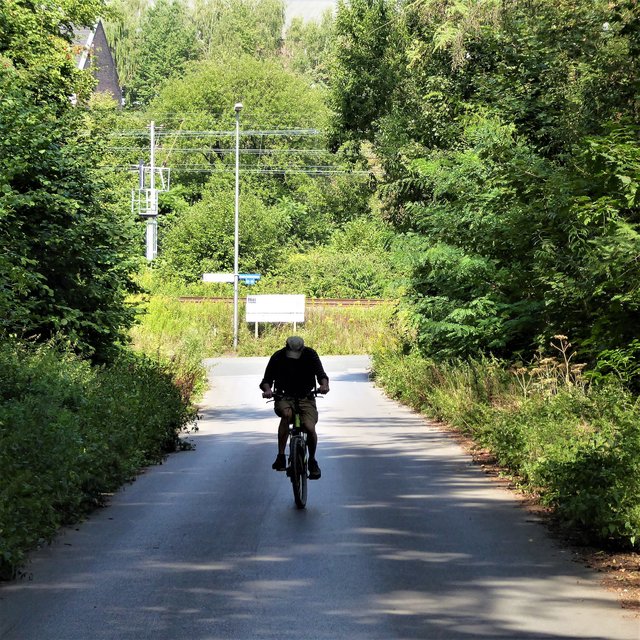 Hier stößt die Oesterheidestraße auf die wichtigsten Ost-West-Schienenverbindungen des Ruhrgebiets und biegt nach links ab.