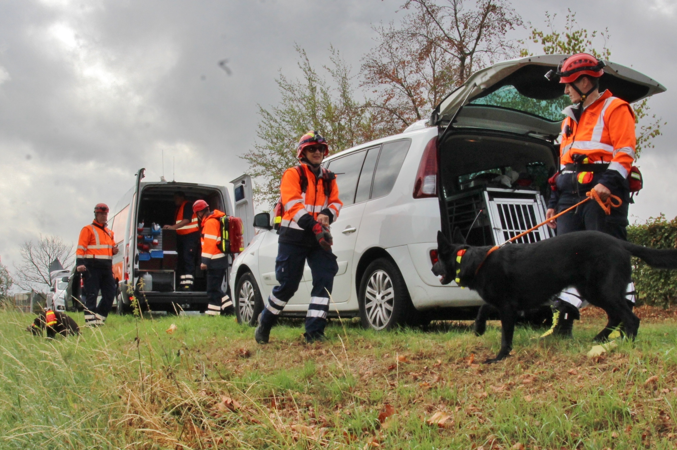 Die Hundeführer der Rettungshundestaffel der Feuerwehr gehen mit ihren Hunden in das Gelände an der Hackstückstraße.