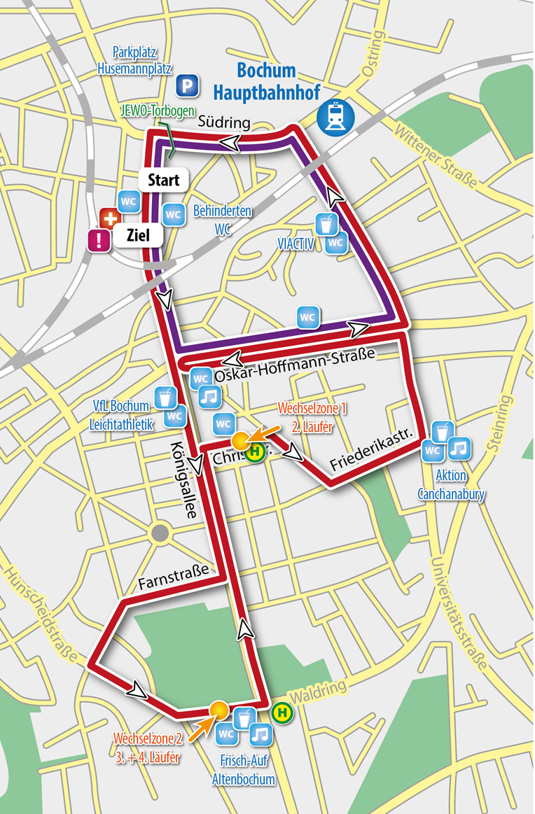 Nach der Einführungsrunde (lila) wird die Hauptrunde beim Halbmarathon dreimal gelaufen.Grafik: TV01