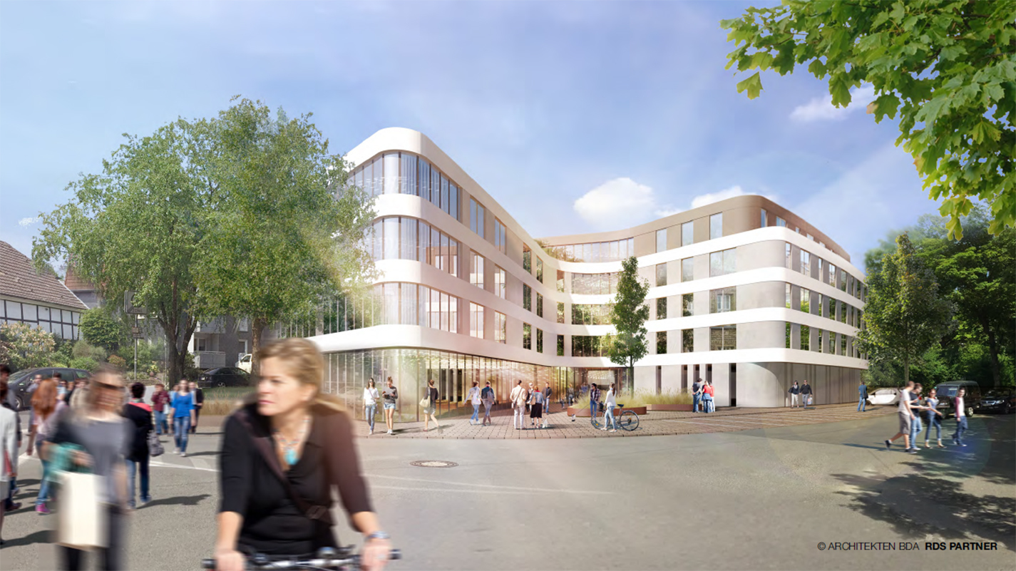 Der Blick vom Bürgerzentrum Holschentor aus auf den geplanten Gebäudekomplex. Links verläuft die Schulstraße.