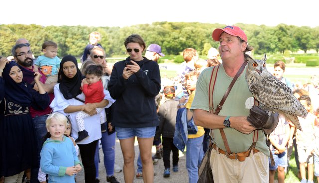 Kinder-Flughafen-Fest auf der Galopprennbahn in Grafenberg. Falkner Pierre Schmidt  mit Uhu Elsa.