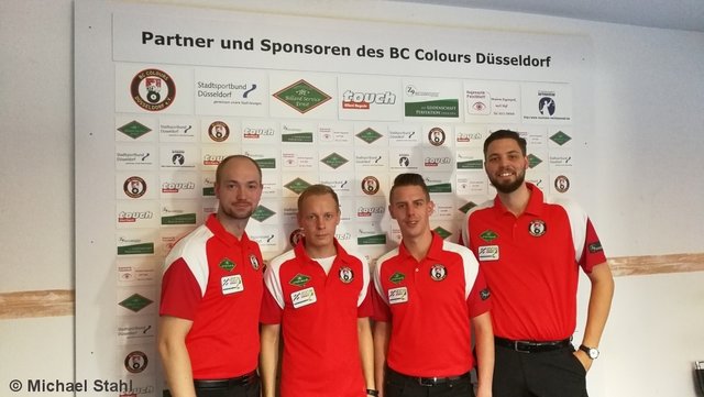 Die 1. Mannschaft des BC Colours Düsseldorf: Marcel Nottebaum, Nico Seidler, Tim Guber und Fabian Breuer