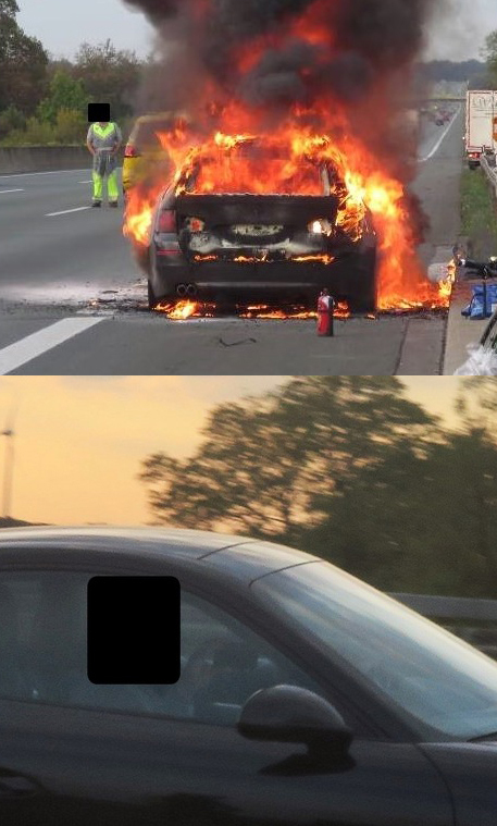Ein Auto brannte lichterloh auf der A2. Gaffer filmten das Szenario während der Fahrt und wurden dabei von der Polizei erwischt. Fotos: Polizei