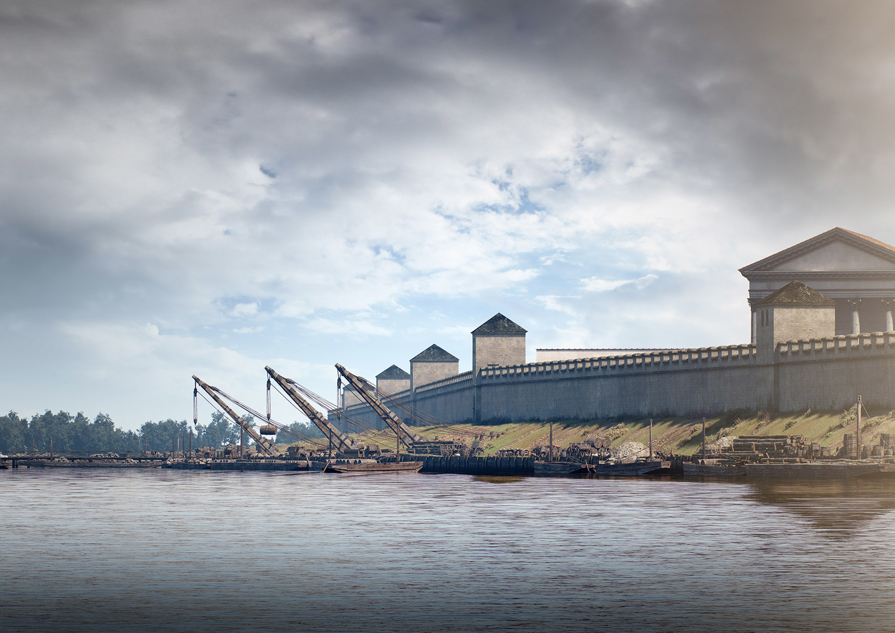So sah der Xantener Hafen zur Zeit der Römer am Niederrhein aus. Der Rhein hat sich im Laufe der Jahrhunderte von der Stadt entfernt.