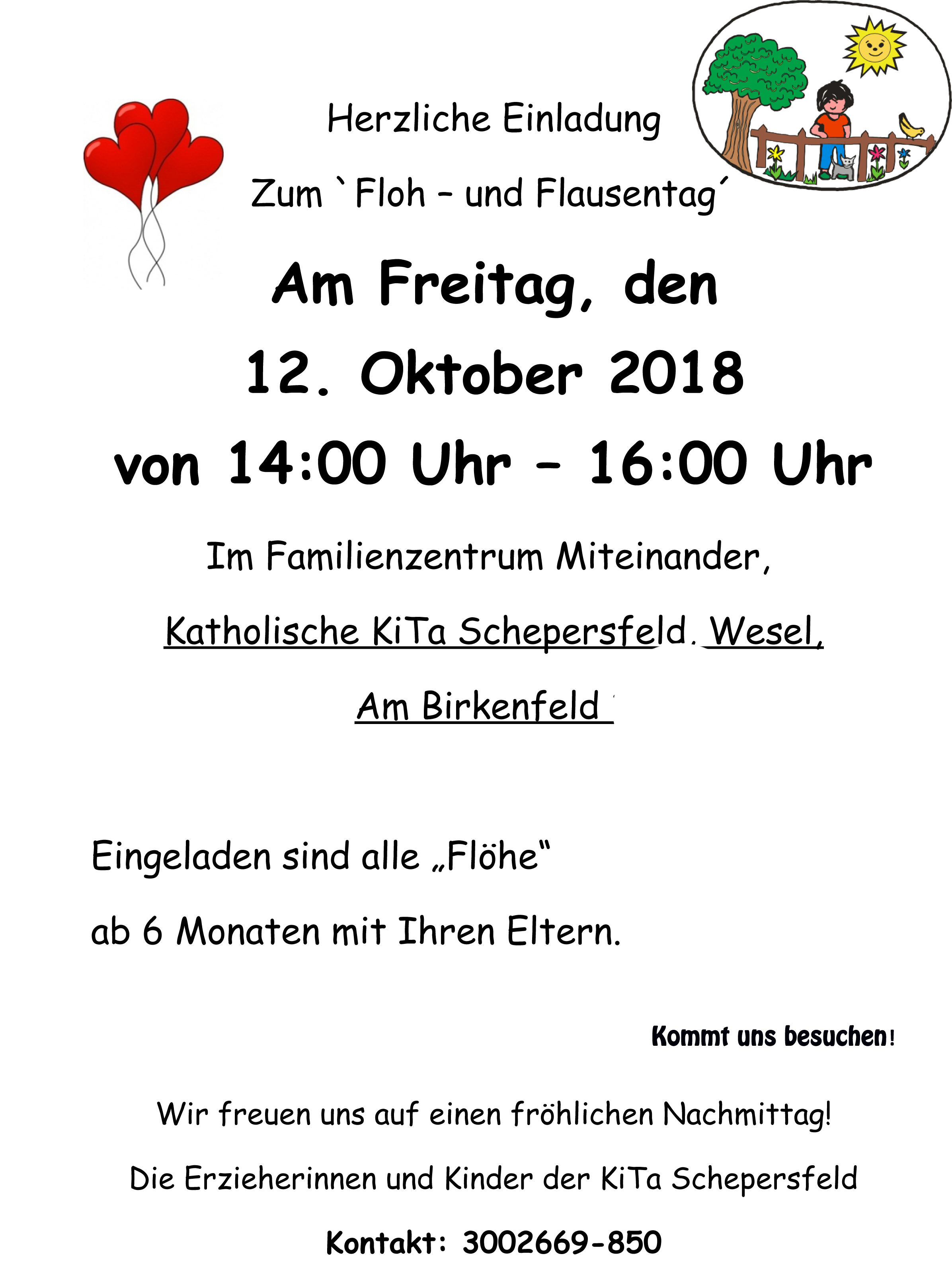 Zum "Floh- und Flausentag" lädt das Familienzentrum Miteinander, Katholische KiTa Schepersfeld in Wesel (Am Birkenfeld 2) mit diesem Flyer ein.