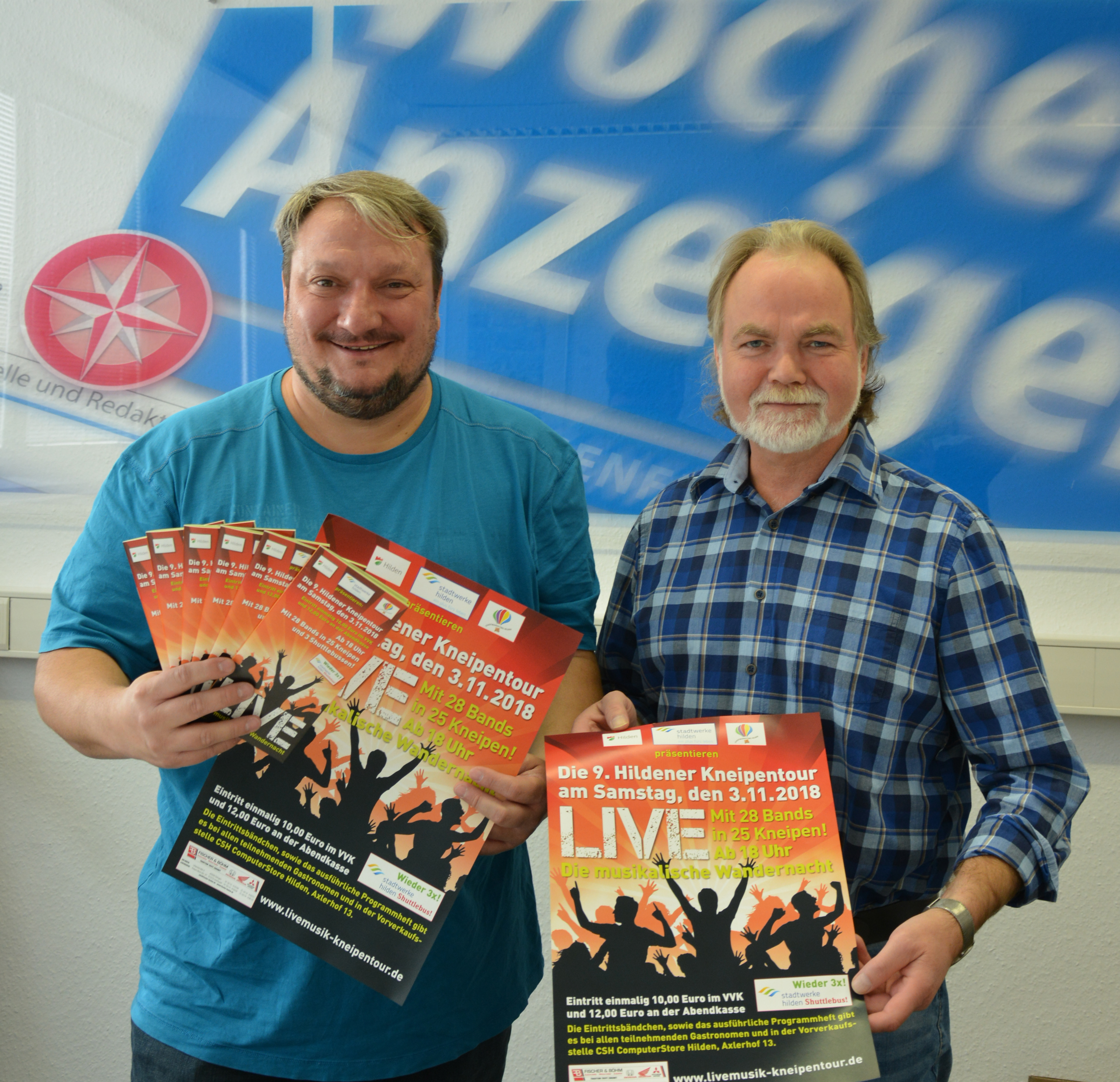 Organisator Ralf Michael Pape und Jürgen Spathmann, Objektleiter des Wochen-Anzeigers, freuen sich auf die 9. Hildener Kneipentour.
