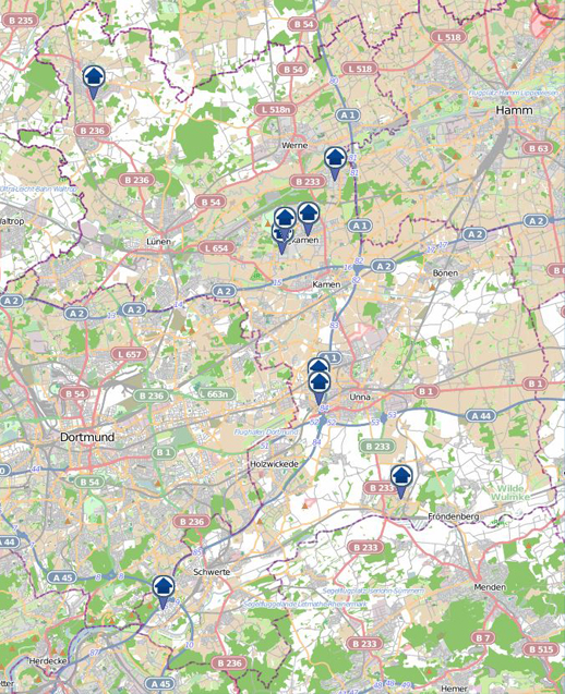 Der "Einbruchsradar" gibt einen Überblick über Einbrüche, die sich innerhalb einer Woche im Zuständigkeitsbereich der Kreispolizeibehörde zugetragen haben. Grafik: Polizei NRW Kreis Unna