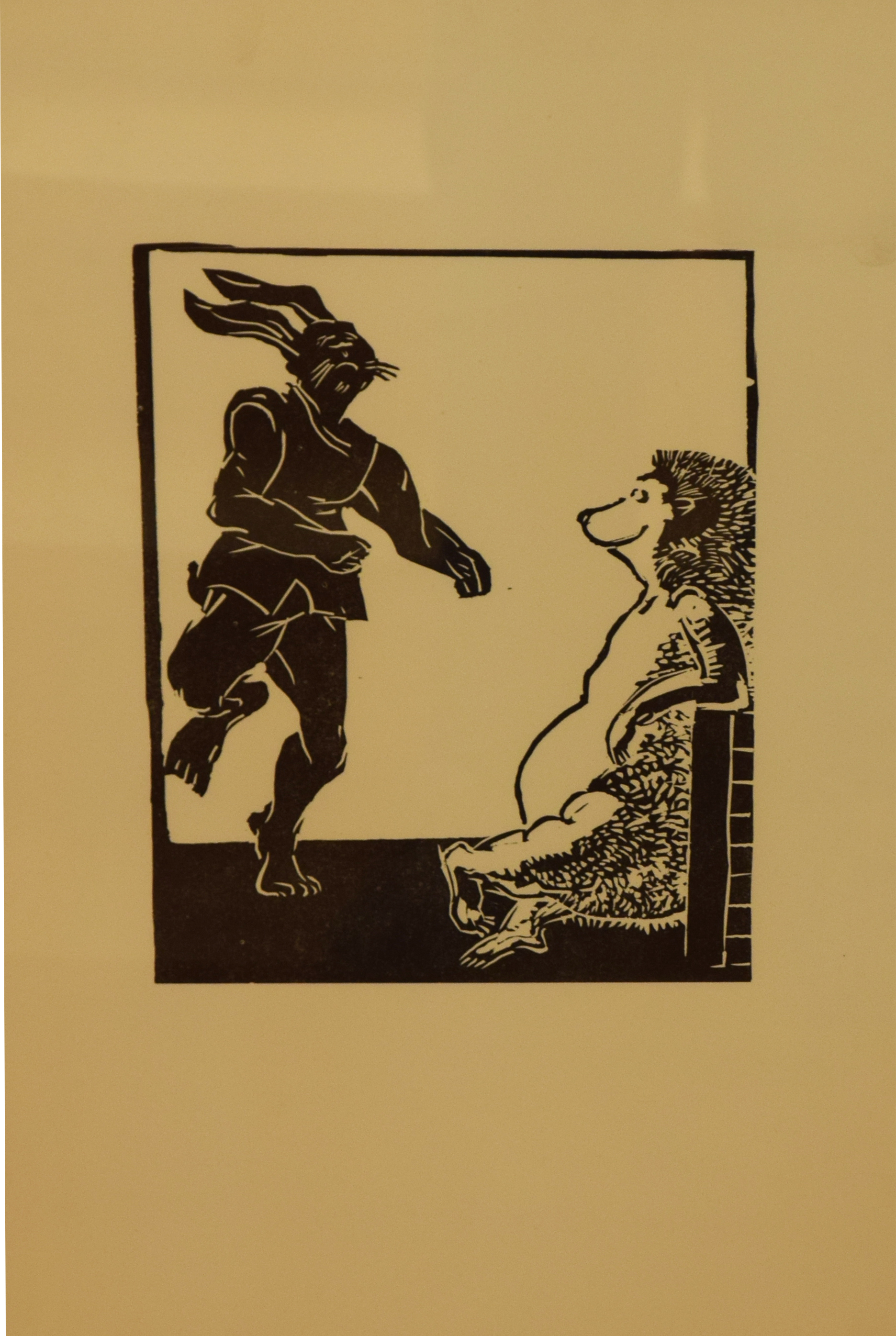 Linolschnitt-Arbeit 'Hase und Igel' des verstorbenen Peter Heidutzek, einem Mitgründer der Kurve.