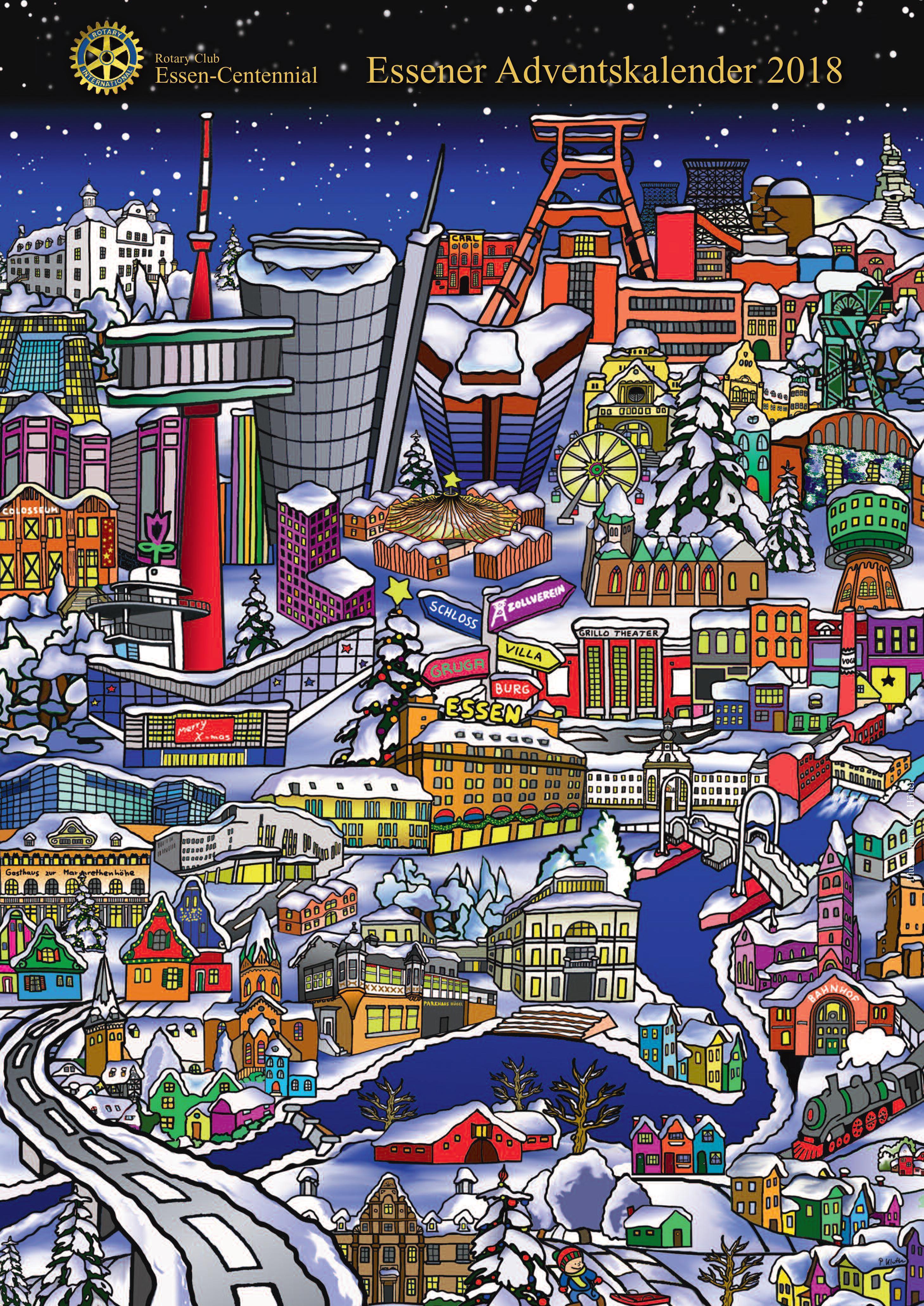 Das Kalendermotiv ist eine Illustration der Stadt Essen in der Weihnachtszeit, zur Verfügung gestellt von dem Künstler Peter Kluth.