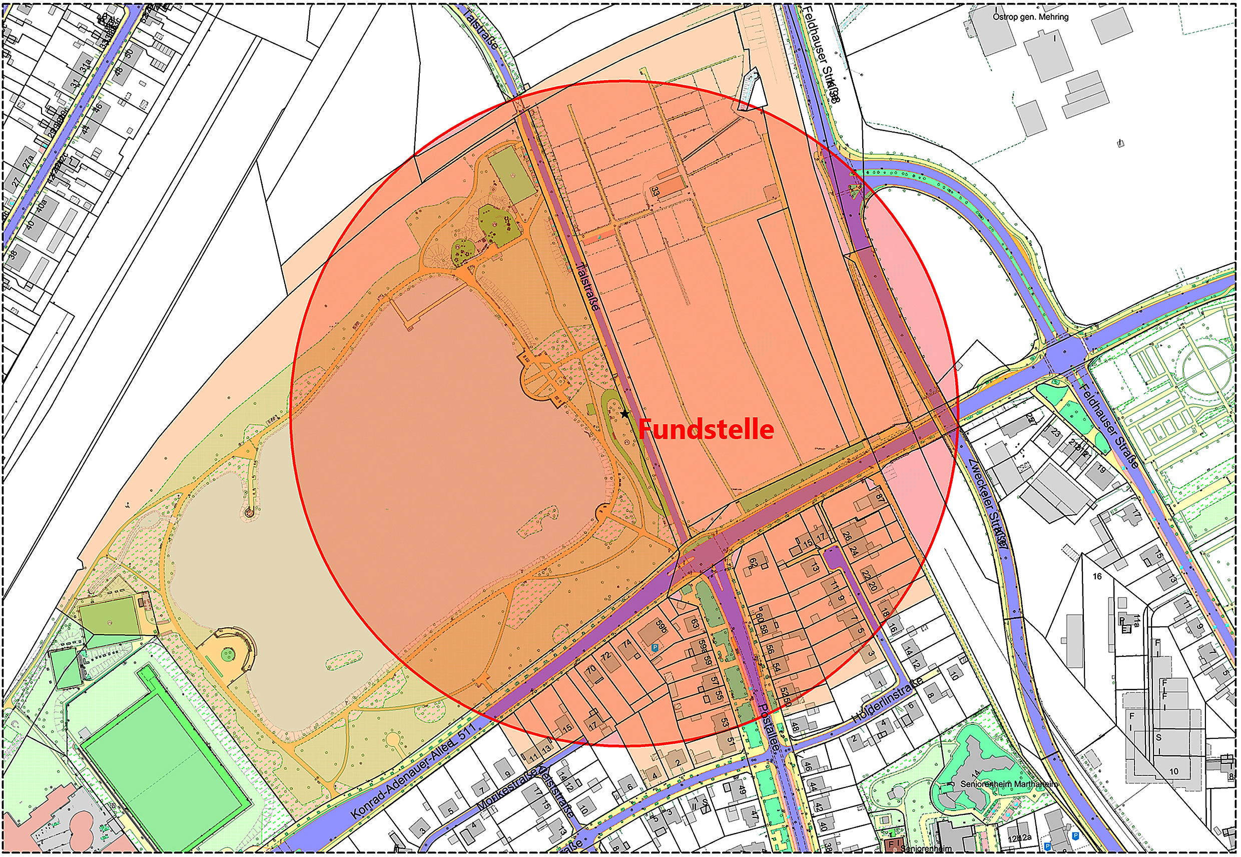 Für die Entschärfung der beiden Fünf-Zentner-Bomben wurde der oben zu erkennende Sperrbereich eingerichtet.