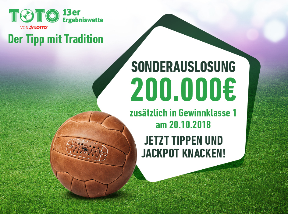 Ein richtiger Tipp bei der TOTO 13er Ergebniswette ist am kommenden Wochenende noch mehr wert: Per Sonderauslosung geht es in der Wettrunde vom 20./21. Oktober um zusätzlich 200 000 Euro in der Gewinnklasse 1 (Chance 1 : 1.594.323).