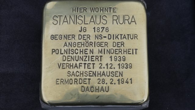 Stolperstein für den Bergmann Stanislaus Rura. Ermordet 1941 im KZ Dachau.