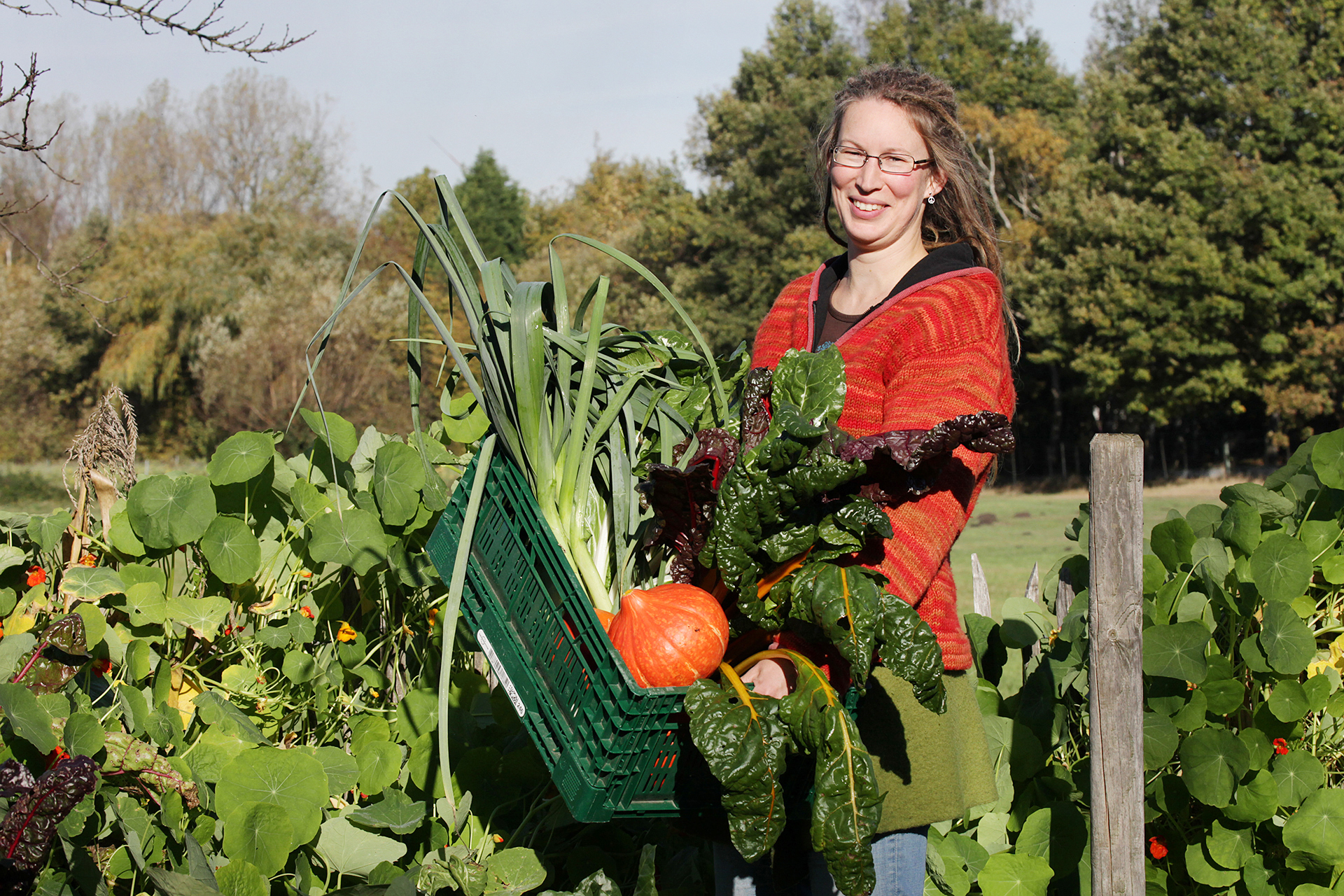 Anne kann im Herbst noch ernten - frischer Mangold, Lauch und Kürbis. Gemüse soll auch die Zukunft sein auf ihrem Bauernhof in Bork.