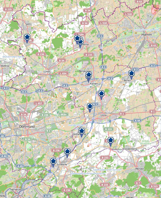 Der "Einbruchsradar" gibt einen Überblick über Einbrüche, die sich innerhalb einer Woche im Zuständigkeitsbereich der Kreispolizeibehörde zugetragen haben. Grafik: Polizei NRW Kreis Unna