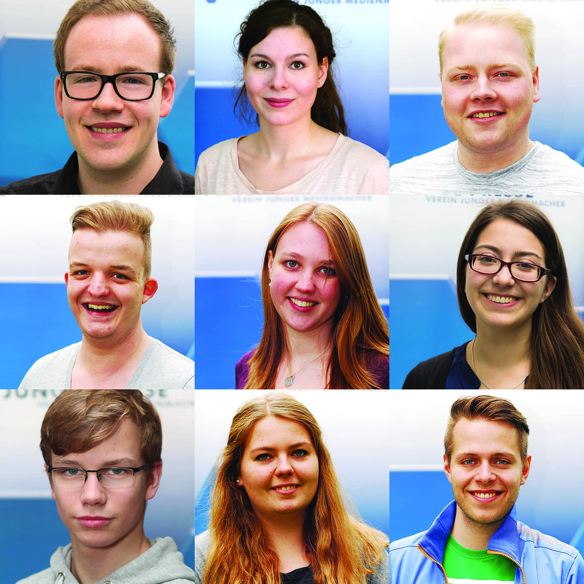Der neue Vorstand der Junge Presse e.V. (von links oben nach rechts unten) besteht aus Florian Sandmann, Judith Lottes, Philipp Seeberger, Alexander Klug, Anna Pia Möller, Marie Haase, Cedric Rust, Anika Stelzner, Pierre Prasuhn.