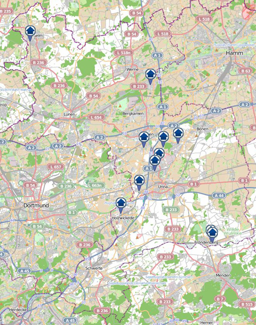 Der "Einbruchsradar" gibt einen Überblick über Einbrüche, die sich innerhalb einer Woche im Zuständigkeitsbereich der Kreispolizeibehörde zugetragen haben. Grafik: Polizei NRW Kreis Unna