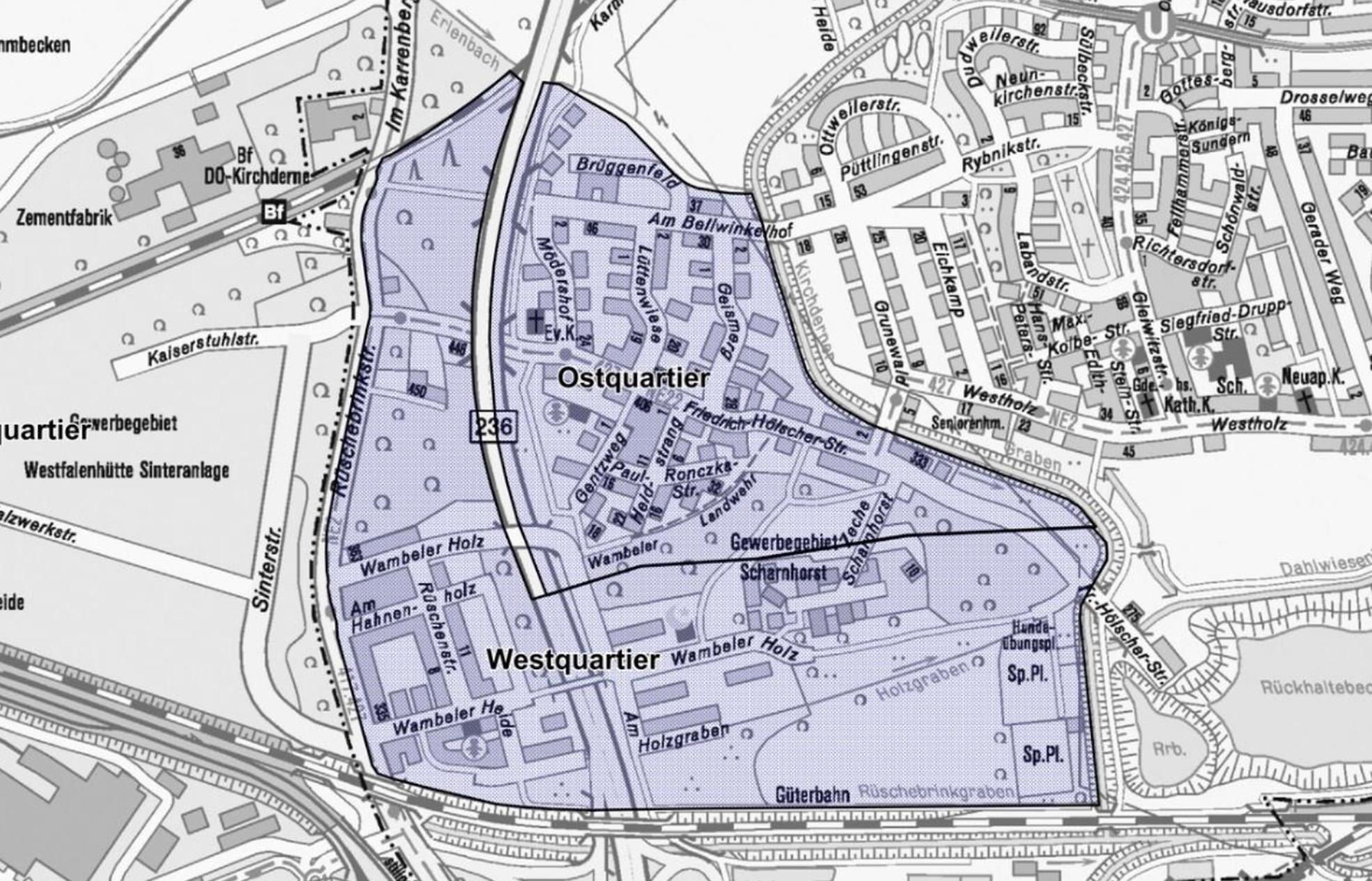 Das hier auf der Karte blau eingezeichnete Untersuchungsgebiet Alt-Scharnhorst wurde in der Quartiersanalyse unter die Lupe genommen. Jetzt liegt der Abschlussbericht vor.