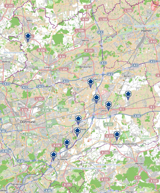 Der "Einbruchsradar" gibt einen Überblick über Einbrüche, die sich innerhalb einer Woche im Zuständigkeitsbereich der Kreispolizeibehörde zugetragen haben. Grafik: Polizei NRW Kreis Unna
