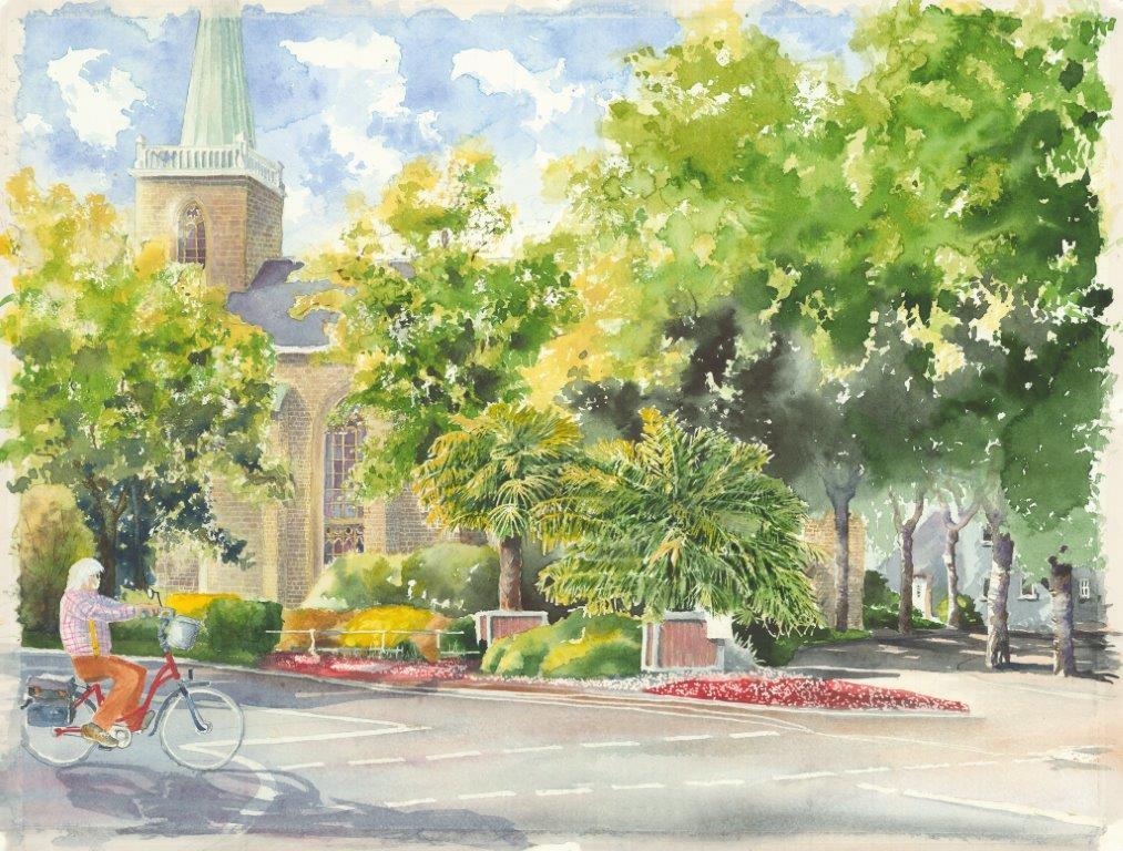Die Aquarelle lassen Menden in einem neuen Licht erscheinen. Links radelt der Künstler übrigens selbst durchs Bild.