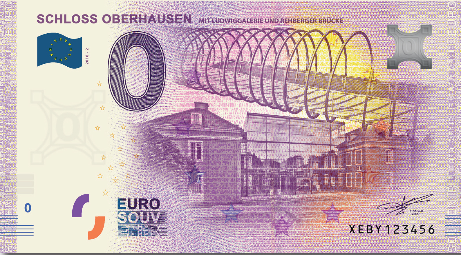 So sieht er aus: Nach dem Gasometer-Geldschein gibt die OWT GmbH eine zweite Oberhausen-Banknote heraus. Das Motiv: Schloss Oberhausen mit Ludwig Galerie und die „Rehberger-Brücke". Fotos: Stadt Oberhausen