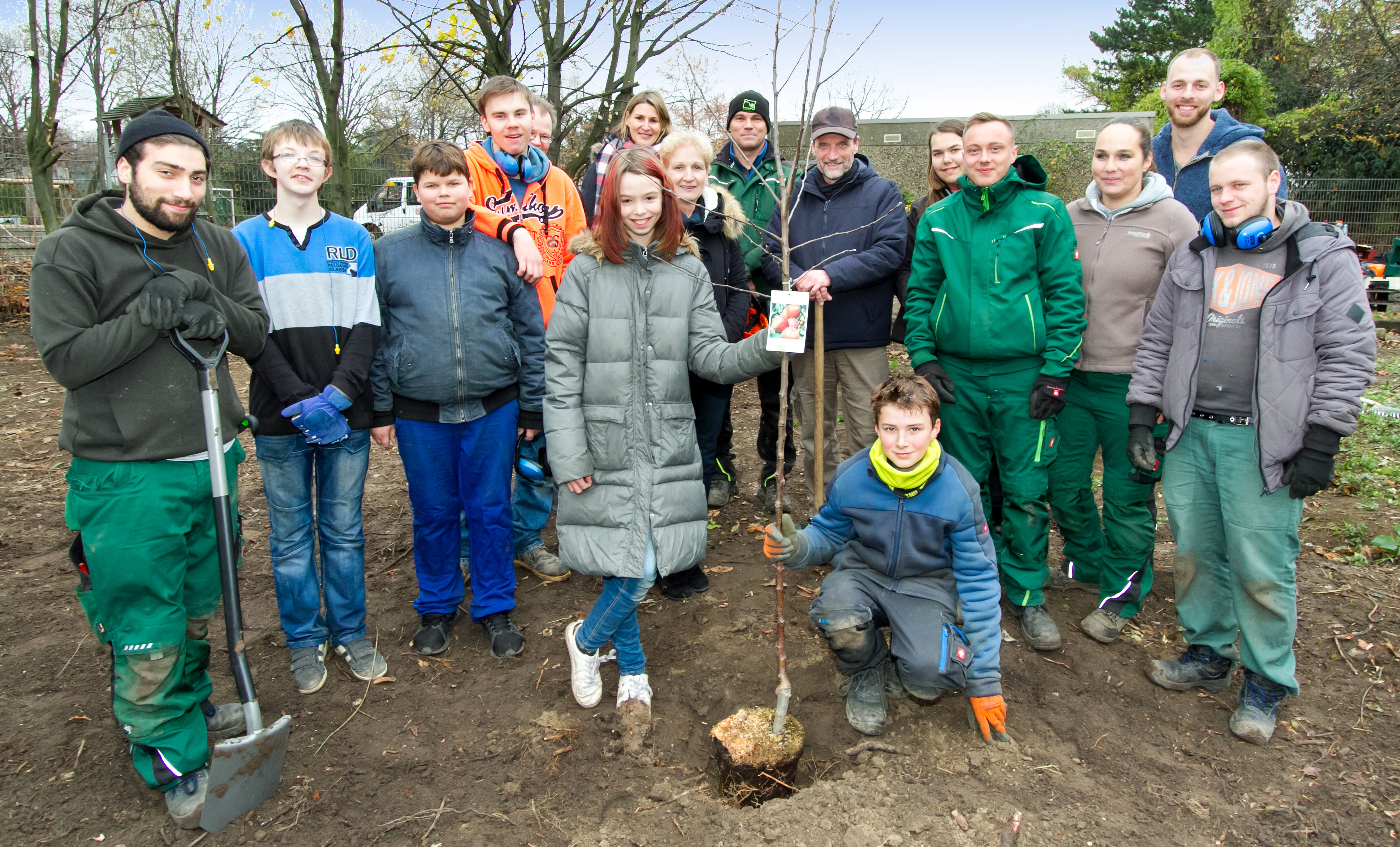 Zwei Tage im Einsatz für einen aufgeräumten Schulgarten waren die Schülerinnen und Schüler der Garten-Ag an der Dahlingschule gemeinsam mit dem Team der Gärtnerei im Diakoniewerk Duisburg.
(v.l.n.r.): Alper Ozan Kol (Diakoniewerk DU), Luke, Tim, Timmy und Michelle (Schüler der Dahlingschule), Holger Bohr (Diakoniewerk DU), Silke Schraven (stellv. Schulleitung, hinten), Elke Storch-Fritz (Schulleitung, vorne), Timo Oehlke und Bernd Bertram (Diakoniewerk DU), Anna-Lena (Schülerin), John Gerhards (Diakoniewerk DU), Christian Wehling (Lehrer a.d. Dahlingschule), Wenke Jordans und Dominik Neumann (Diakoniewerk DU), vorne kniet Laurin (Schüler).